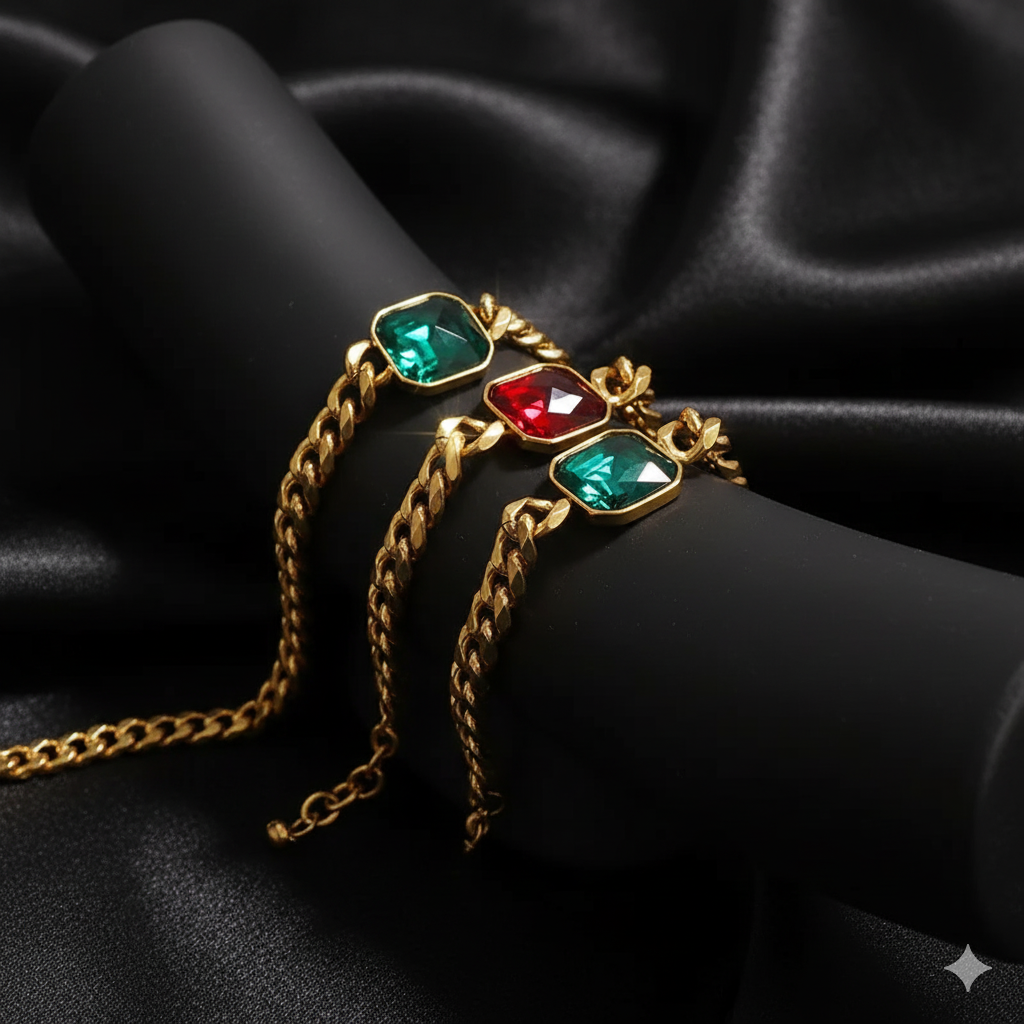 Nivora Cuban Chain Necklace Bracelet For Women Stainless Steel Women Jewelry Set Red Green Color Square Crystal Wedding Jewelry