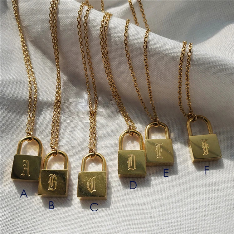 Personalised Chokers Jewelry Stainless Steel Chain Male Ancient Letters Engraved Lock Pendant 18K Gold Plated Necklace for Women