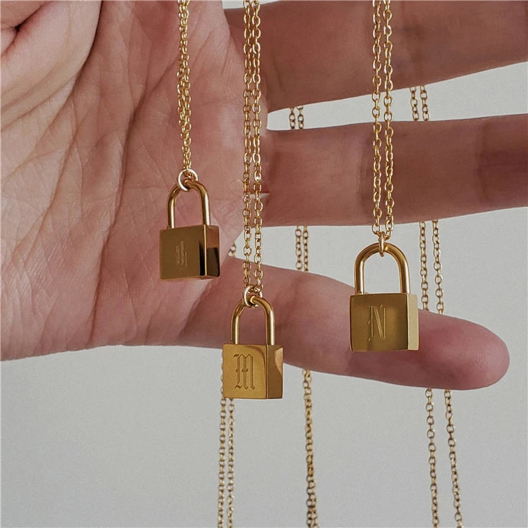 Personalised Chokers Jewelry Stainless Steel Chain Male Ancient Letters Engraved Lock Pendant 18K Gold Plated Necklace for Women