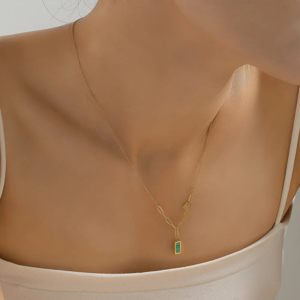 Trendy Stainless Steel Thin Chain Necklace For Women Square Malachite Pendant Women Collar Choker Necklace Waterproof Jewelry