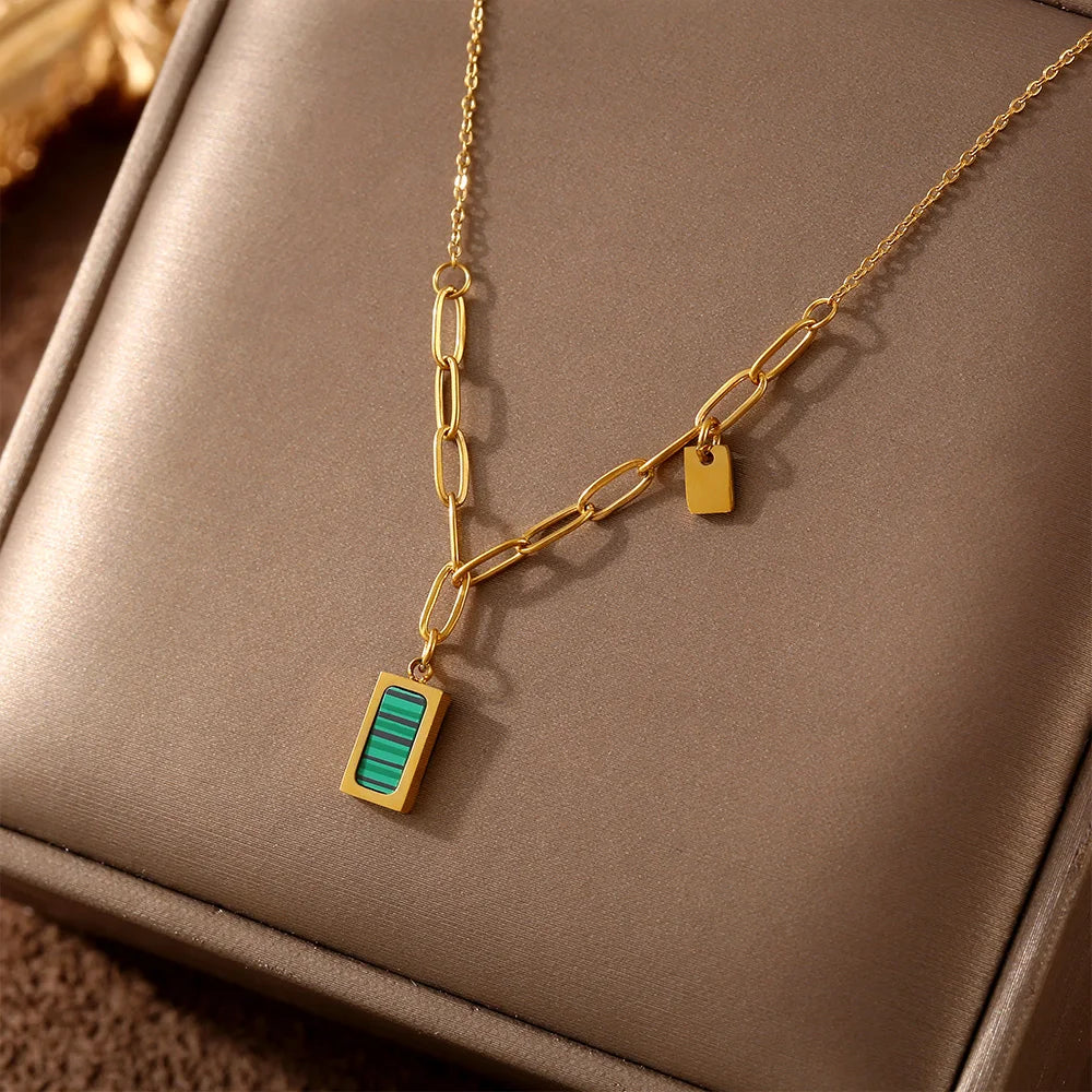 Trendy Stainless Steel Thin Chain Necklace For Women Square Malachite Pendant Women Collar Choker Necklace Waterproof Jewelry
