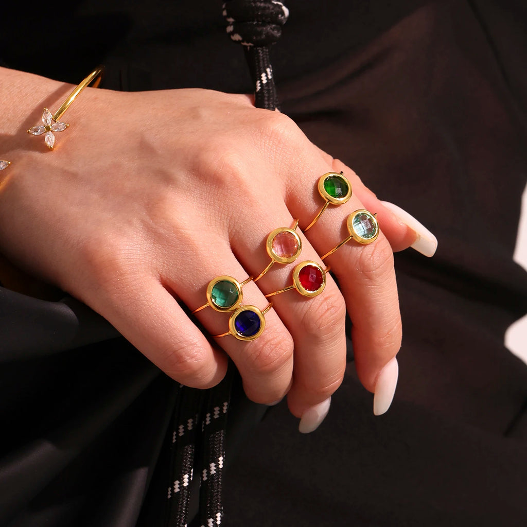 Nivora Stainless Steel Round Women Thin Rings Wedding Shine Multicolored Glass Open Rings For Women Engagement Jewelry Gifts