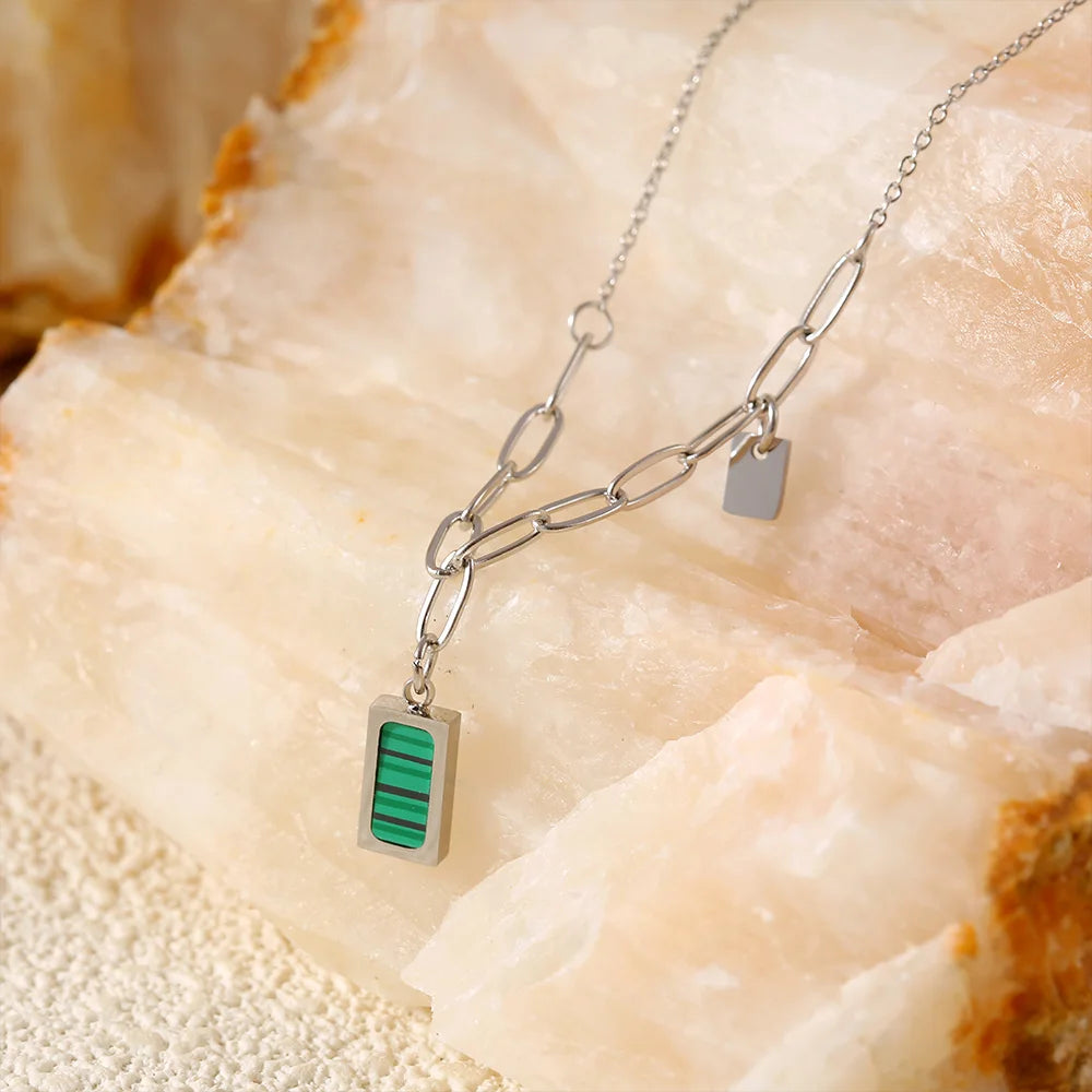 Trendy Stainless Steel Thin Chain Necklace For Women Square Malachite Pendant Women Collar Choker Necklace Waterproof Jewelry