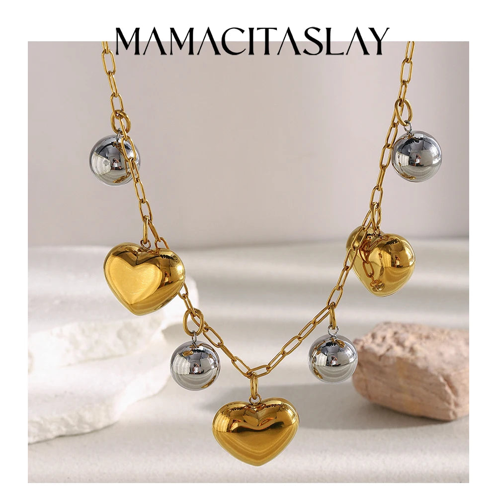 MamacitaSlay 316L Stainless Steel Double Color Heart Ball Pendant Necklace Party Waterproof Neck Jewelry Women's Charm Necklace