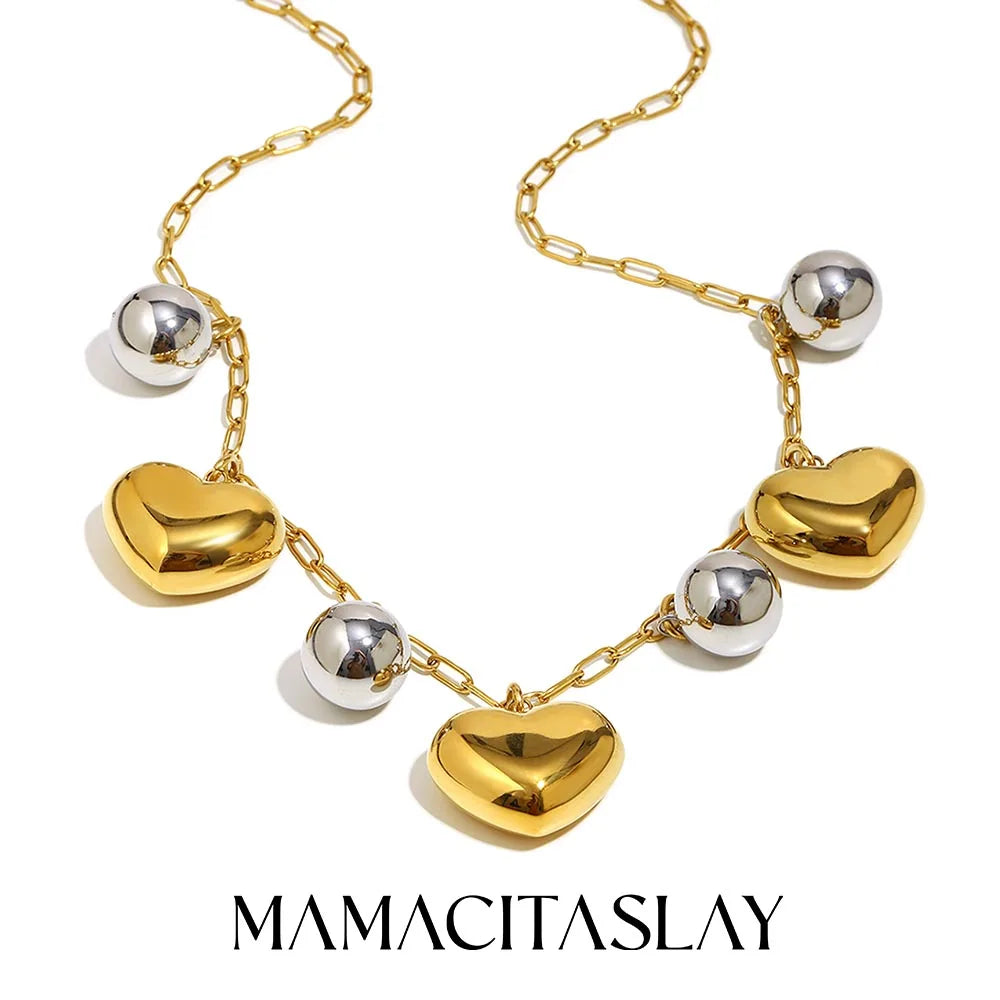 MamacitaSlay 316L Stainless Steel Double Color Heart Ball Pendant Necklace Party Waterproof Neck Jewelry Women's Charm Necklace