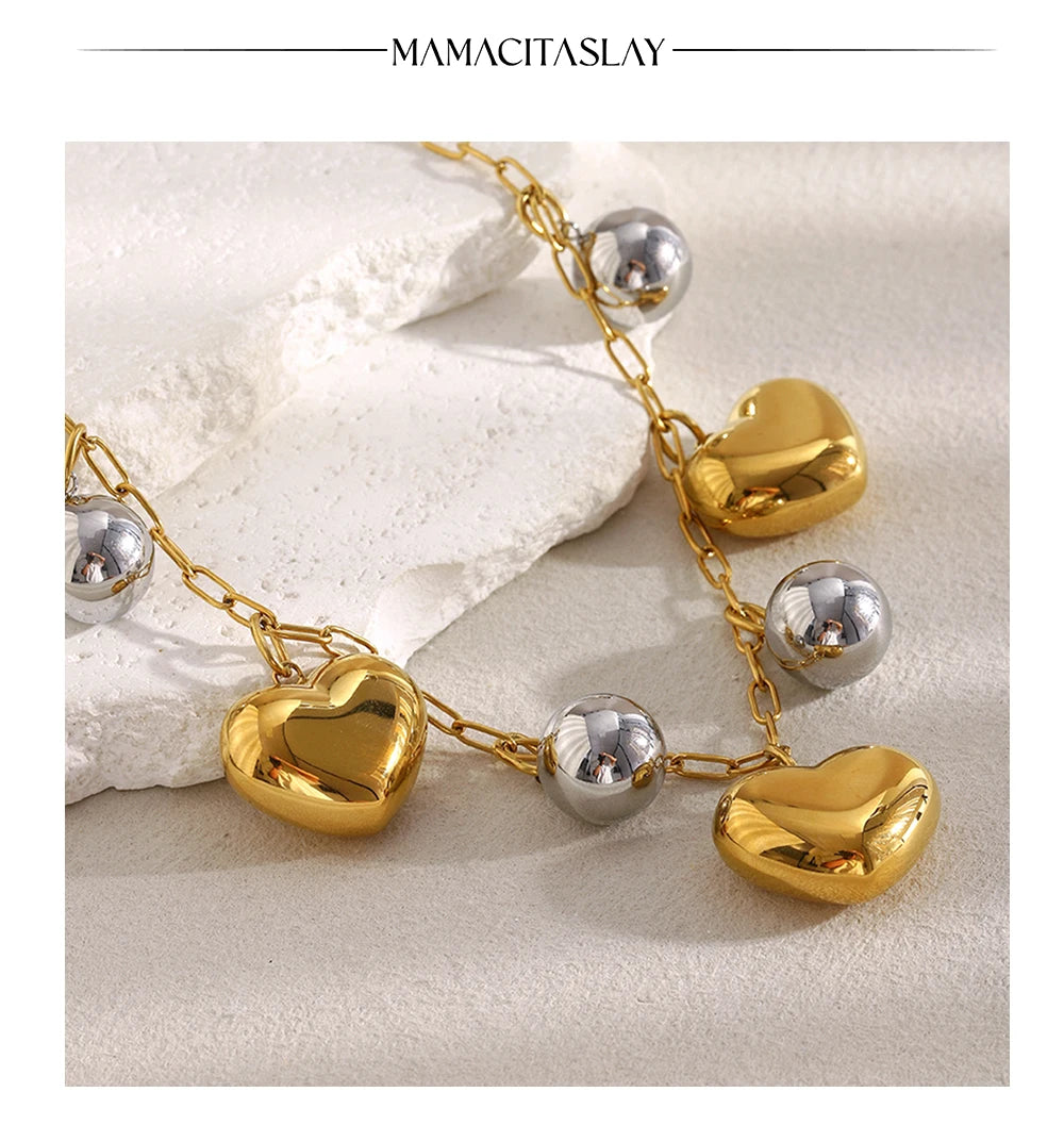 MamacitaSlay 316L Stainless Steel Double Color Heart Ball Pendant Necklace Party Waterproof Neck Jewelry Women's Charm Necklace