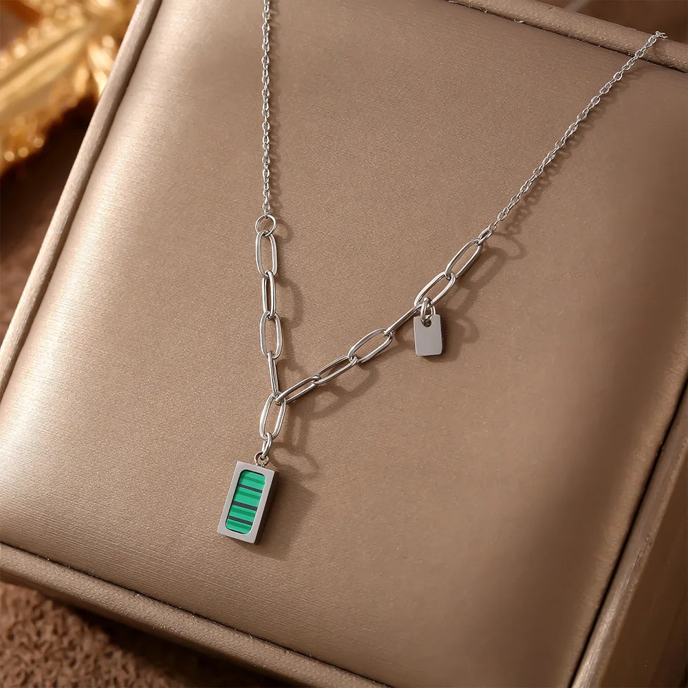 Trendy Stainless Steel Thin Chain Necklace For Women Square Malachite Pendant Women Collar Choker Necklace Waterproof Jewelry