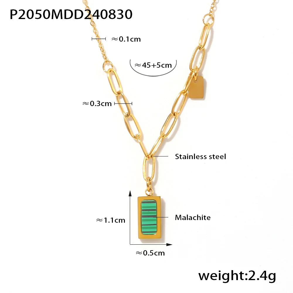 Trendy Stainless Steel Thin Chain Necklace For Women Square Malachite Pendant Women Collar Choker Necklace Waterproof Jewelry