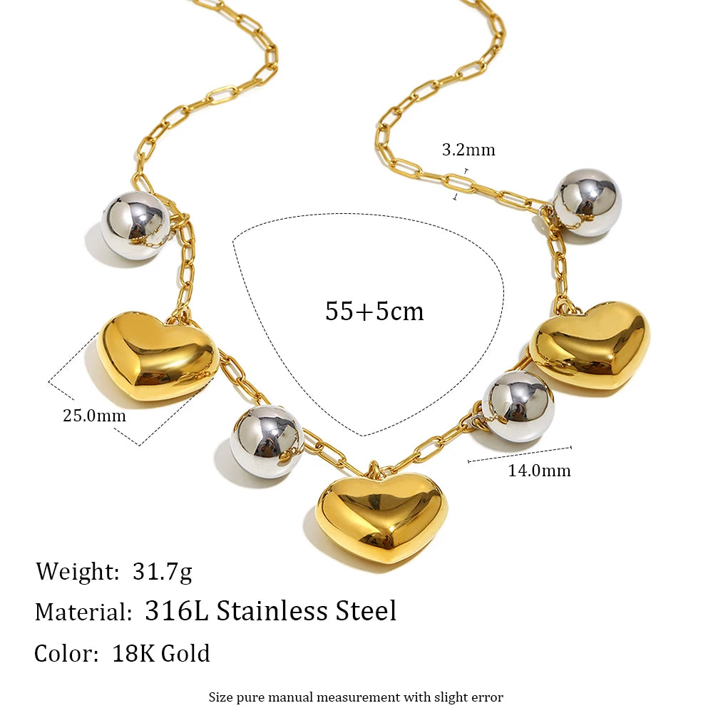 MamacitaSlay 316L Stainless Steel Double Color Heart Ball Pendant Necklace Party Waterproof Neck Jewelry Women's Charm Necklace