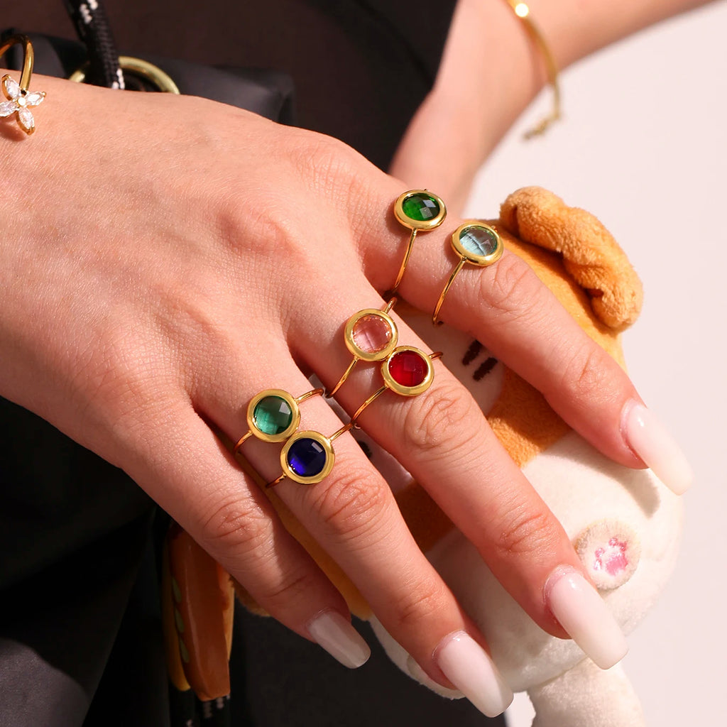 Nivora Stainless Steel Round Women Thin Rings Wedding Shine Multicolored Glass Open Rings For Women Engagement Jewelry Gifts