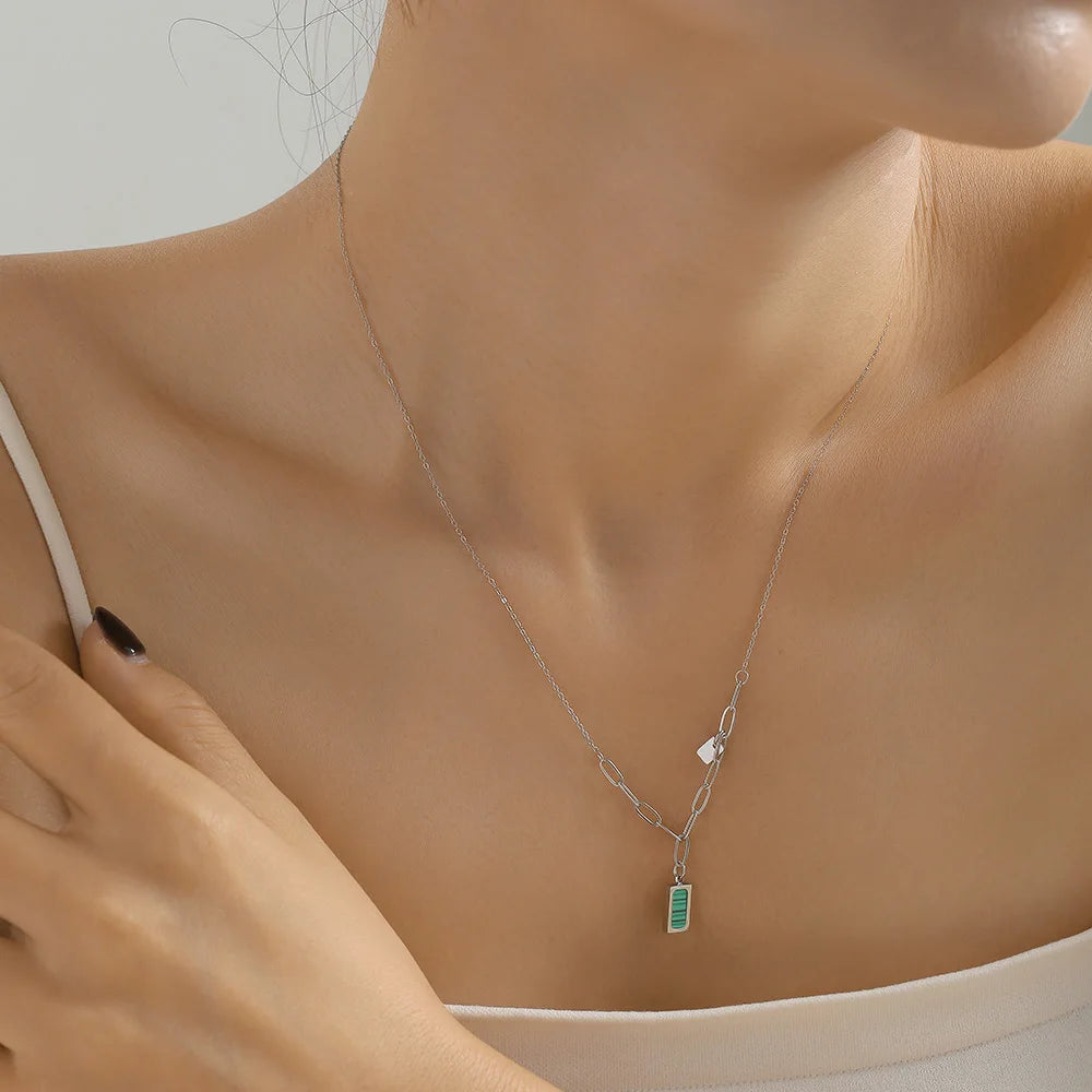 Trendy Stainless Steel Thin Chain Necklace For Women Square Malachite Pendant Women Collar Choker Necklace Waterproof Jewelry