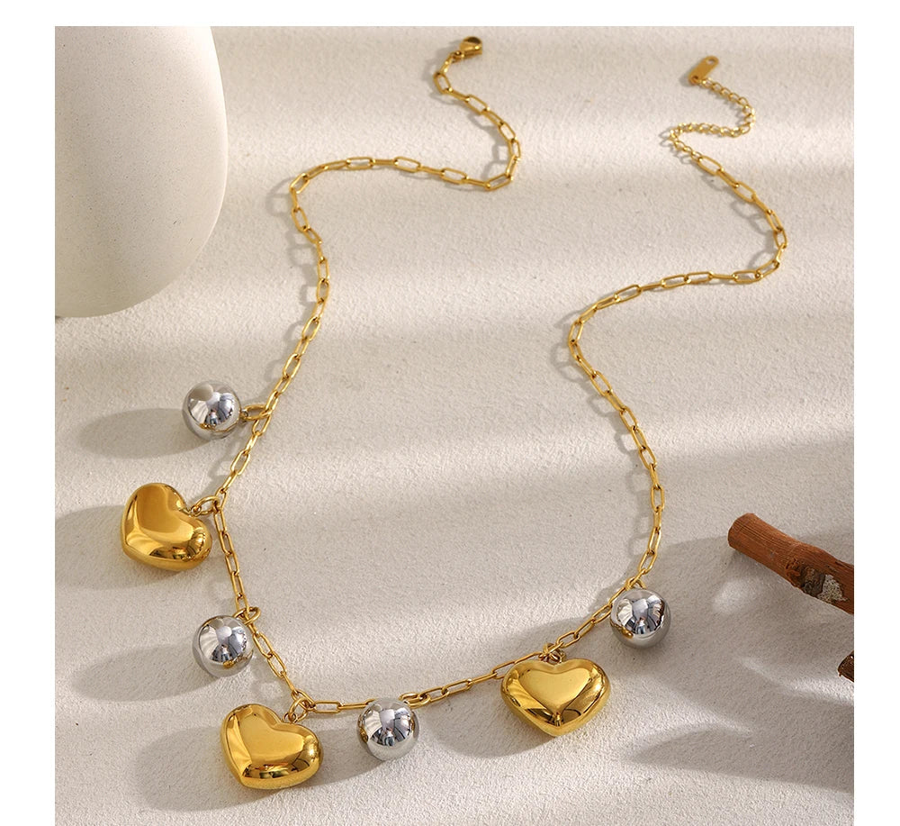 MamacitaSlay 316L Stainless Steel Double Color Heart Ball Pendant Necklace Party Waterproof Neck Jewelry Women's Charm Necklace
