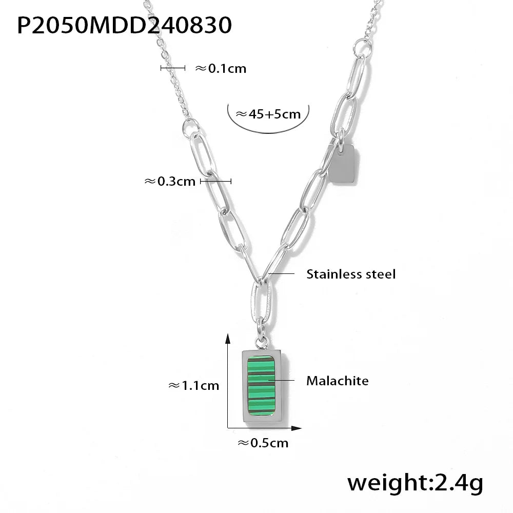 Trendy Stainless Steel Thin Chain Necklace For Women Square Malachite Pendant Women Collar Choker Necklace Waterproof Jewelry