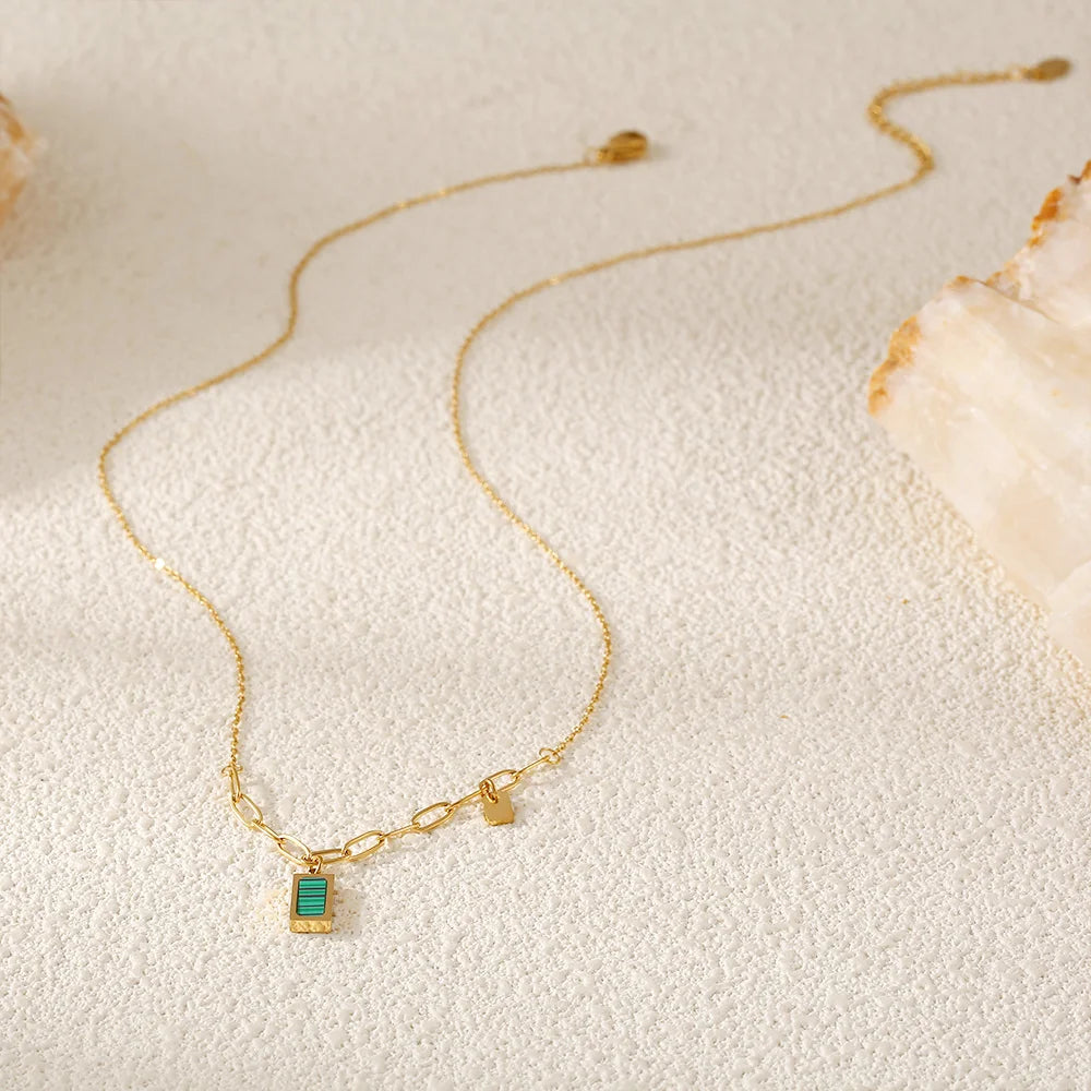 Trendy Stainless Steel Thin Chain Necklace For Women Square Malachite Pendant Women Collar Choker Necklace Waterproof Jewelry