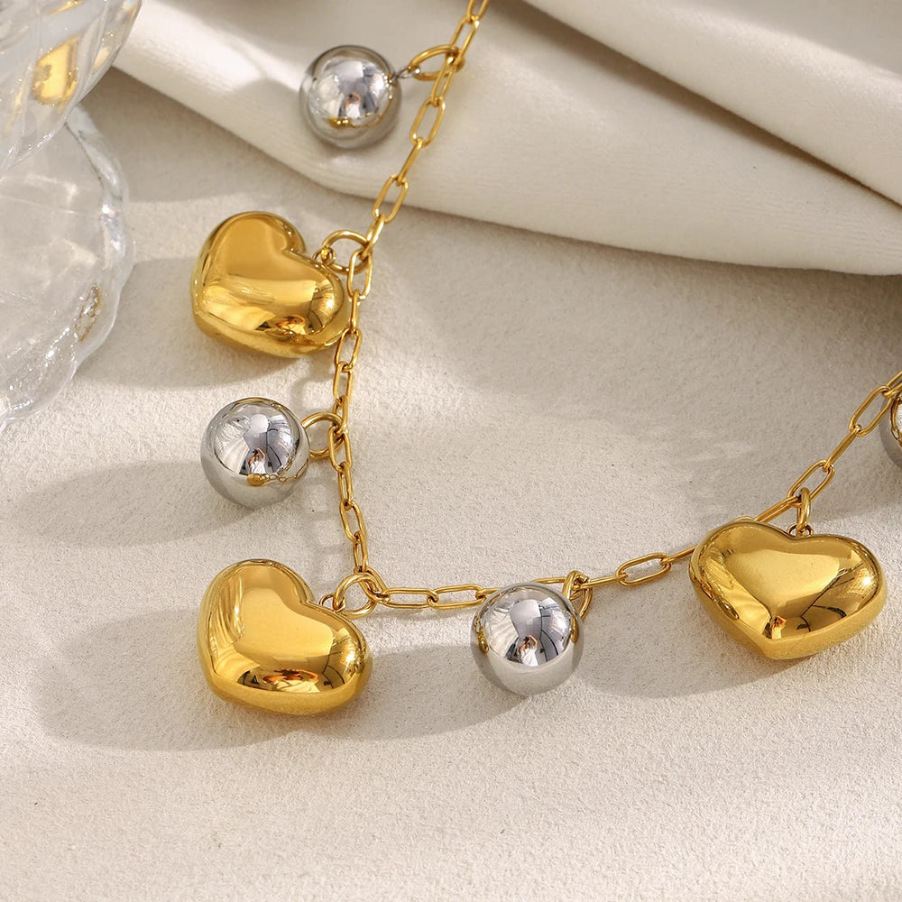 MamacitaSlay 316L Stainless Steel Double Color Heart Ball Pendant Necklace Party Waterproof Neck Jewelry Women's Charm Necklace