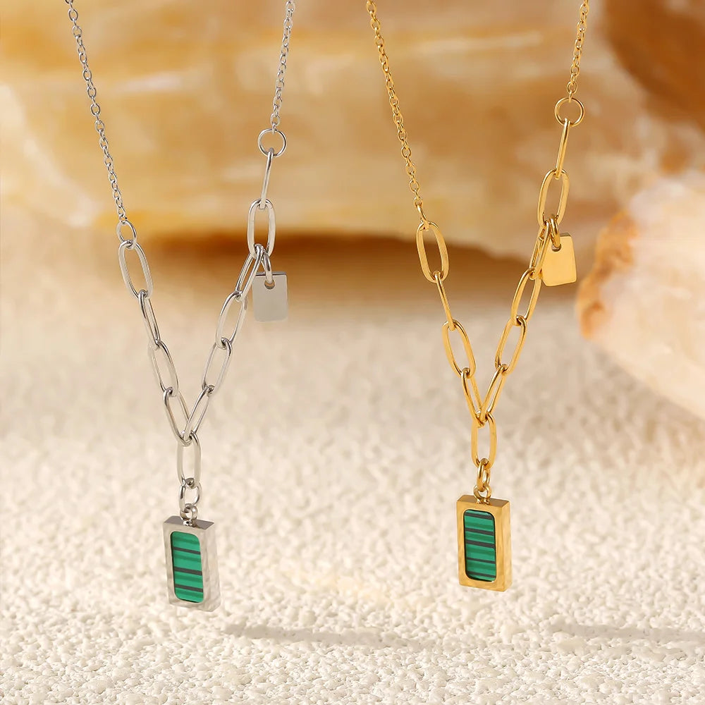 Trendy Stainless Steel Thin Chain Necklace For Women Square Malachite Pendant Women Collar Choker Necklace Waterproof Jewelry