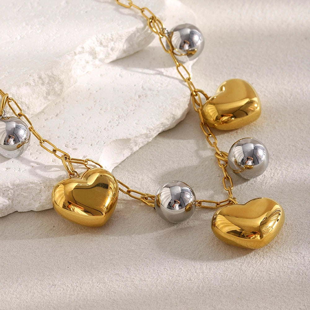 MamacitaSlay 316L Stainless Steel Double Color Heart Ball Pendant Necklace Party Waterproof Neck Jewelry Women's Charm Necklace