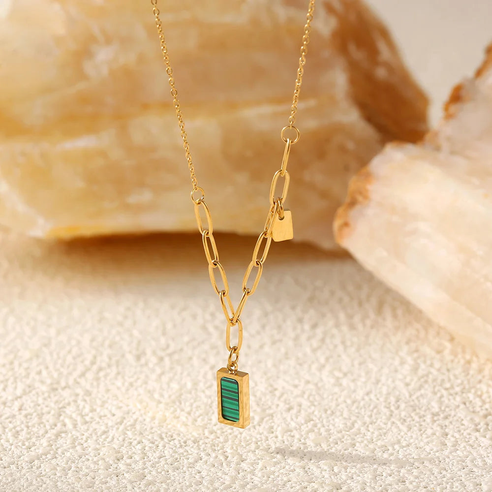Trendy Stainless Steel Thin Chain Necklace For Women Square Malachite Pendant Women Collar Choker Necklace Waterproof Jewelry