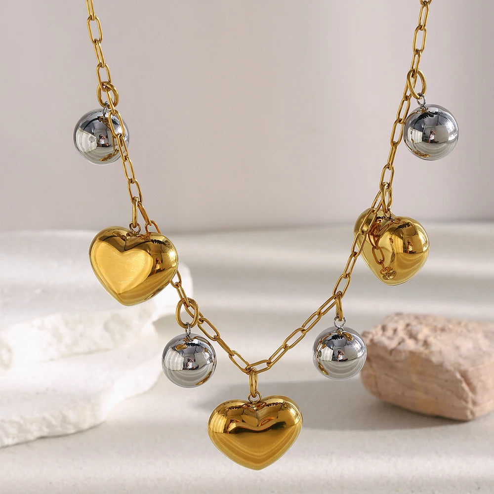 MamacitaSlay 316L Stainless Steel Double Color Heart Ball Pendant Necklace Party Waterproof Neck Jewelry Women's Charm Necklace